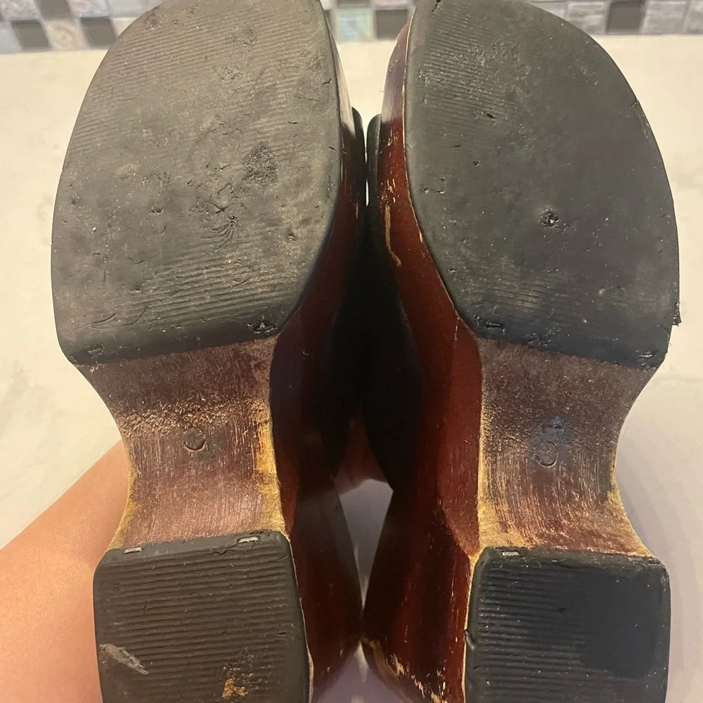 Vintage Steve Madden Jessie Wedge Black Leather & Dark Cherry Wood Size 5